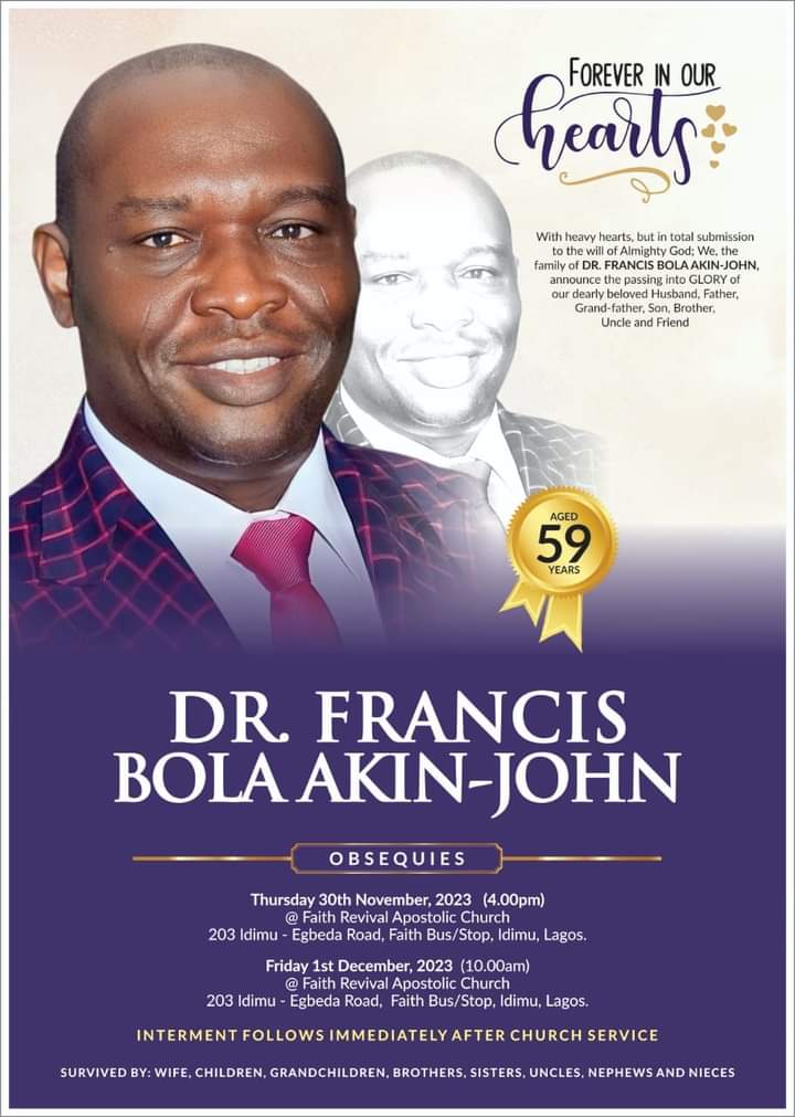 Francis Bola Akin-John for burial Dec 1 – Church Times Nigeria